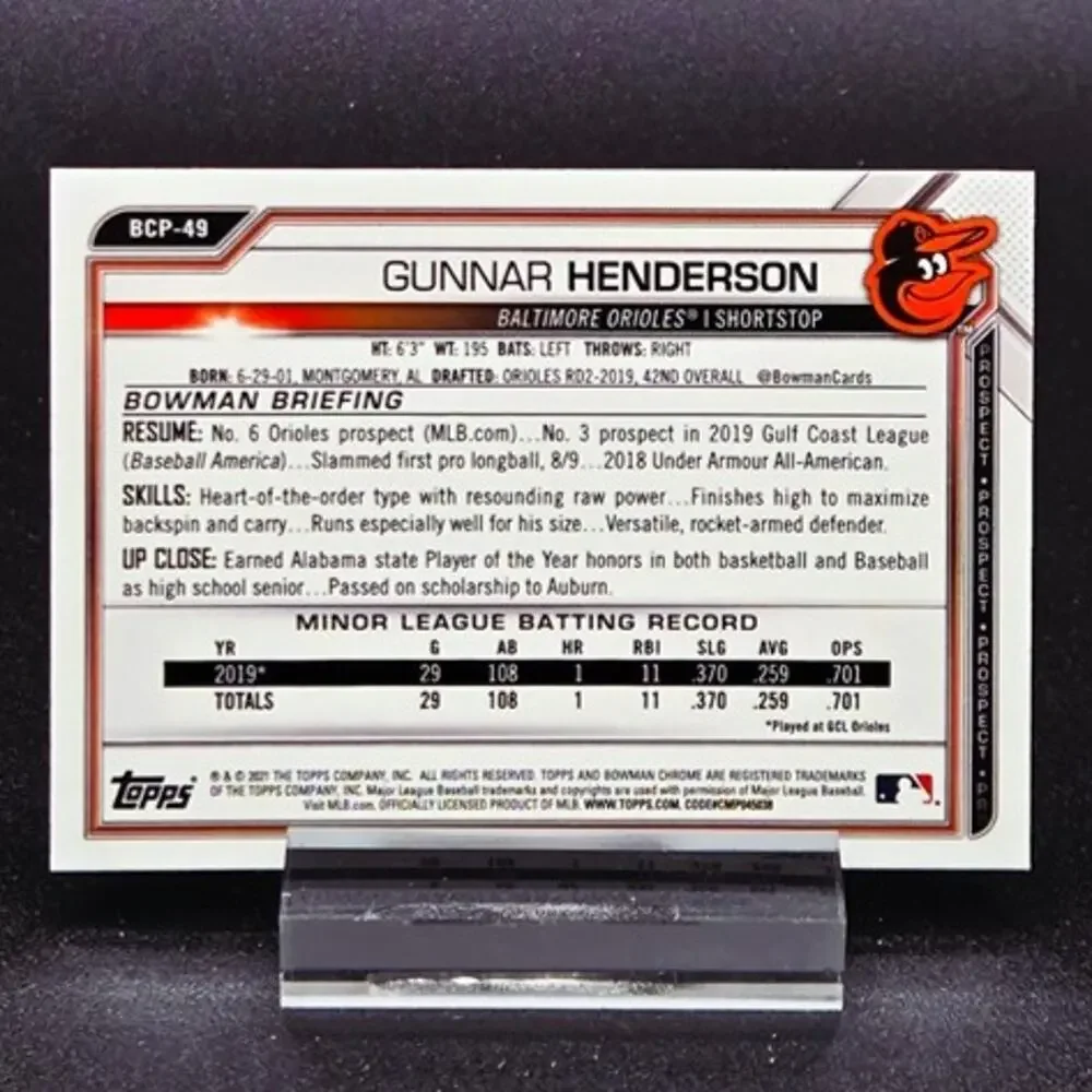 2021 Gunnar Henderson Bowman Chrome Sapphire Prospect Baltimore Orioles Rookie - Picture 2 of 2
